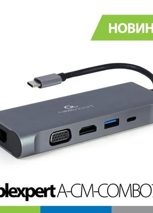 Док-станція usb type-c 7-в-1 cablexpert a-cm-combo7-01 хаб 3.0/hdmi/vga/pd/картрідер/lan gigabit/аудіо