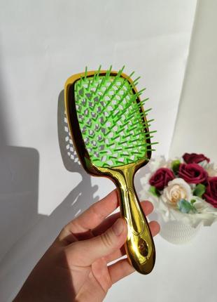 Розчіска щітка браш для волосся золота із зеленими зубчиками