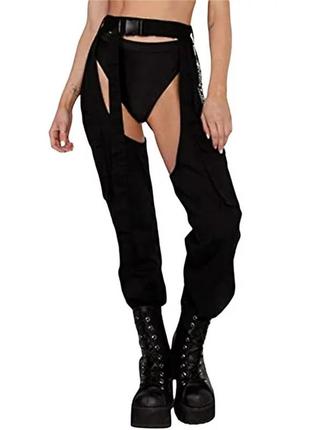 Рейв одяг жіночий rave chaps pants штани для рейву  чулки панчохи чорні з плащівки з ременем ремінцем