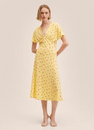 Платье женское жёлтое розовое цветочный принт миди