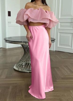Женская длинная атласная нарядная розовая юбка макси в пол на выход