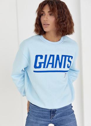 Жіночий теплий світшот жовтогарячий з написом giants — блакитний колір, m (є розміри)