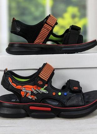 Босоножки детские для мальчика чёрные с оранжевым на липучках lilin shoes 5359