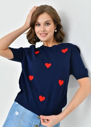 Синя жіноча футболка з сердечками жіноча універсальна повсякденна футболка з сердцями