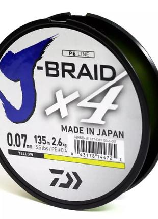 Шнур daiwa j-braid x4e 135m yellow #0.4/0,07mm 2,6kg