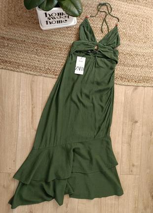 Сукня міді з льоном з вирізами і воланами  від zara, розмір xs*4 фото