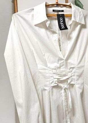 Белое платье-рубашка boohoo хлопок с красивым объемным рукавом италия7 фото
