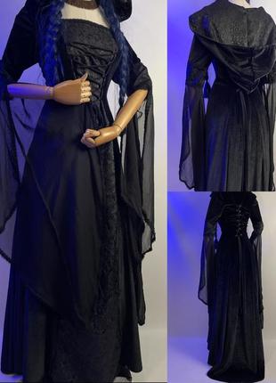 Винтажное велюровое бархатное в винтажном стиле длинное платье макси со шлейфом с удлиненными рукавами крыльями готический готический стиль средневековое платье
