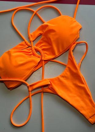 Оранжевый яркий премиальный геометрический купальник на завязках xs s m l xl3 фото