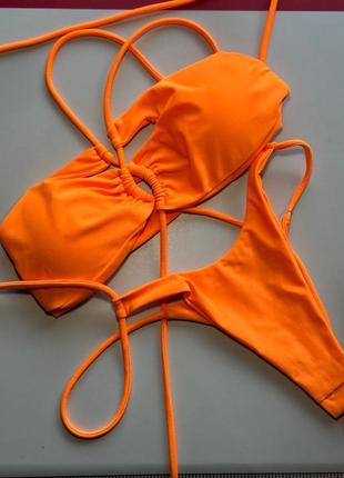 Оранжевый яркий премиальный геометрический купальник на завязках xs s m l xl2 фото