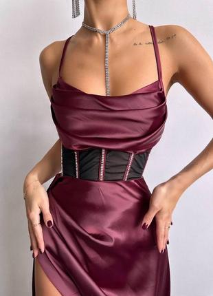 Женское изысканное нарядное вечернее бордовое бордовое корсетное платье открытые плечи на выпускной2 фото