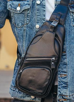 Черный кожаный мужской слинг на плечо tiding bag sk-63941