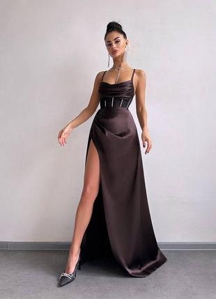 Женское изысканное нарядное вечернее шоколадное корсетное платье открытые плечи на выпускной7 фото