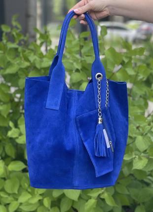 Замшевая ярко-синяя сумка-шоппер arianna, италия, цвета в ассортименте