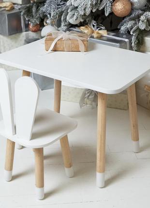 Прямоугольный стол и стул детский белоснежный зайчик. столик белый детский столик