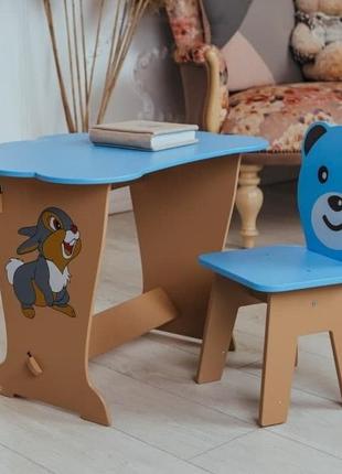 Столик крышка  и стульчик синий детский медвежонок. для игры, рисования, учебы.