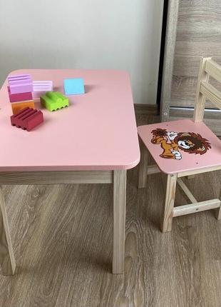 Дитячий столик із шухлядою і стілець дитячий рожевий левеня. для гри, малювання, навчання.
