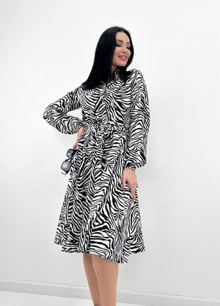 Женское платье миди в животный принт зебра с длинными рукавами с поясом2 фото