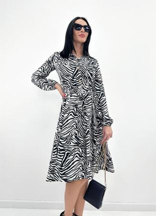 Женское платье миди в животный принт зебра с длинными рукавами с поясом4 фото