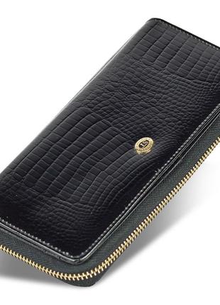 Гаманець чорний лаковий з натуральної шкіри із блоком для карток st leather s7001a