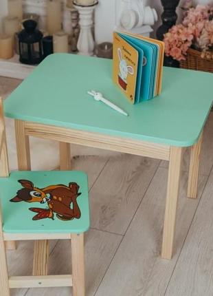 Детский столик с ящиком и стульчик детский мятный картинка олененок. для игры, учебы, рисования.