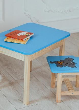 Стіл із шухлядою і стілець дитячий синій із зображенням слоник. для навчання, малювання, гри.