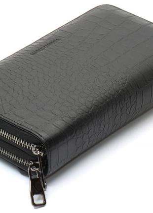 Чорний гаманець-клатч на дві блискавки із фактурної натуральної шкіри marco coverna mcjp-590b