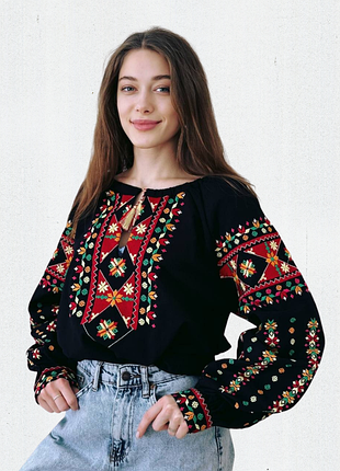 Стильная женская черная вышиванка, вышитая рубашка с украинским орнаментом, блуза с длинным рукавом.