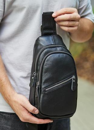 Кожаная нагрудная мужская сумка слинг tiding bag черная 563732-1w