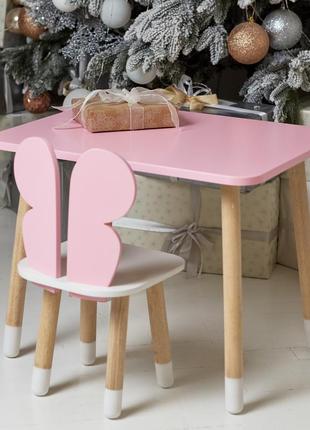 Детский  прямоугольный стол и стул бабочка с белым сиденьем. столик розовый детский