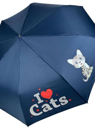 Детский складной зонт для девочек и мальчиков на 8 спиц "i♥cats" с кошками от toprain, темно-синий 02089-4