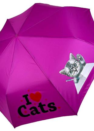 Детский складной зонт для девочек и мальчиков на 8 спиц "i♥cats" с кошками от фирмы toprain, малиновый 02089-1