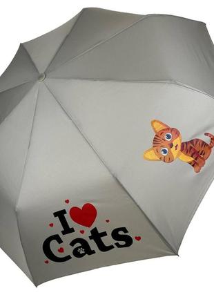 Детский складной зонт для девочек и мальчиков на 8 спиц "i♥cats" с котиком от toprain, серый, 02089-9