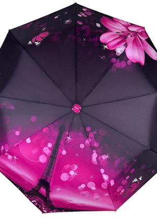 Жіноча складна парасоля напівавтомат з принтом ейфелева вежа та квіти від susino, рожевий, sys 03025-2