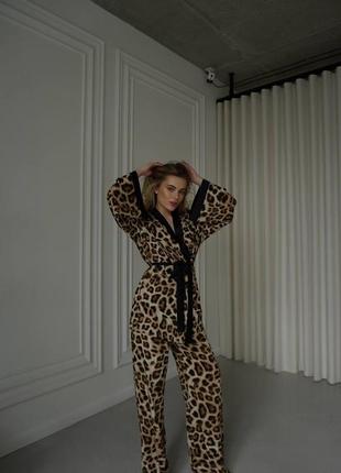 Жіночий якісний брючний леопардовий костюм в піжамному стилі кімоно і штани2 фото