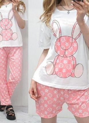 Піжама жіноча для сну 3 в 1, домашній одяг біла з рожевим(9105)