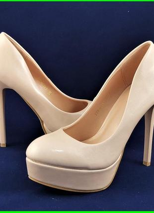 Женские бежевые туфли на каблуке шпильке лаковые модельные (размеры: 36,37,38,39,40) - 151