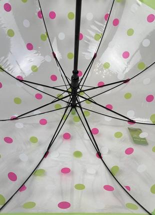 Дитяча прозора парасоля-тростина, напівавтомат в кольоровий горошок від rain proof, з салатовою ручкою, 0259-34 фото