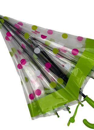 Дитяча прозора парасоля-тростина, напівавтомат в кольоровий горошок від rain proof, з салатовою ручкою, 0259-32 фото