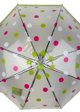 Дитяча прозора парасоля-тростина, напівавтомат в кольоровий горошок від rain proof, з салатовою ручкою, 0259-35 фото