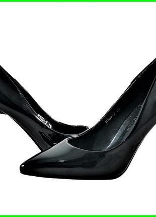 Женские чёрные туфли на каблуке шпильке лаковые модельные (размеры: 35,36,37) - 69-3