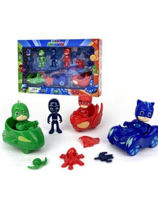 Герої в масках, набір фігурок героїв, 4 фігурки із машинками pj masks, catboy, owlette, gekko, night ninja, кетбой, аллет, геко