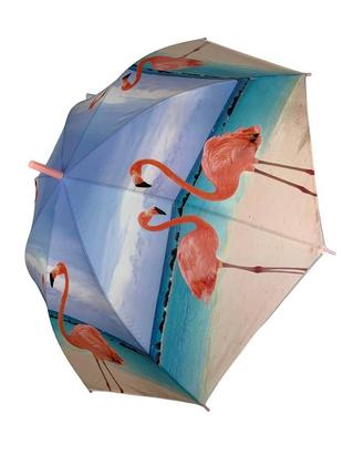 Женский зонт-трость полуавтомат с розовой ручкой от swifts с фламинго, 0335-2