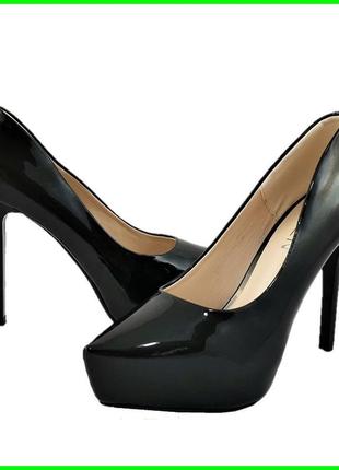 Женские чёрные туфли на каблуке шпильке лаковые модельные (размеры: 36,37,38,39,40) - 16-1