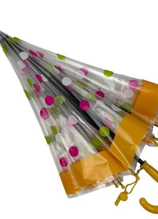 Дитяча прозора парасоля-тростина, напівавтомат в кольоровий горошок від rain proof, з жовтою ручкою, 0259-2