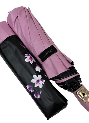 Женский зонт полуавтомат с рисунком цветов внутри от susino на 9 спиц антиветер, пудровый, sys0127-32 фото