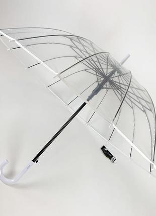 Прозрачный зонт-трость, полуавтомат с белой ручкой и каймой по краю купола от toprain, 0688-1