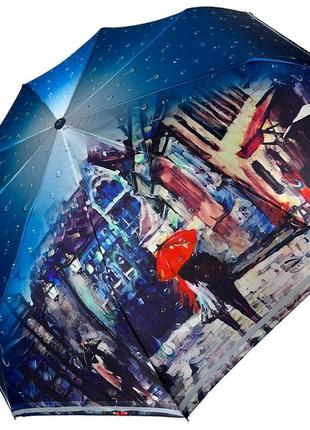 Жіноча парасоля напівавтомат на 9 спиць від frei regen з принтом міста, сатиновий купол, темно-синя ручка, 09073-3