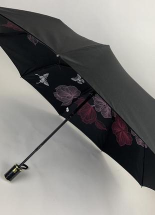 Женский складной зонт полуавтомат с двойной тканью с принтом цветов, черный, top 0134-4