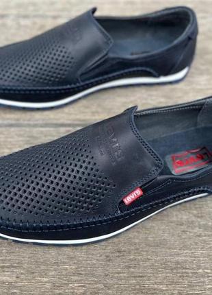 Літні чоловічі мокасини перфоровані шкіряні levis, сині туфлі левіс з натуральної шкіри перфорація літо *lev 4/1 син*4 фото